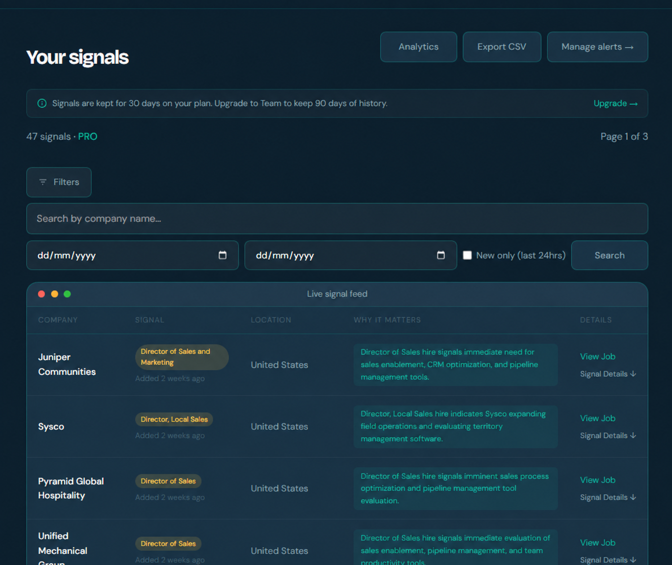 Signara dashboard showing hiring signals, company filters and explanations of potential buying intent.